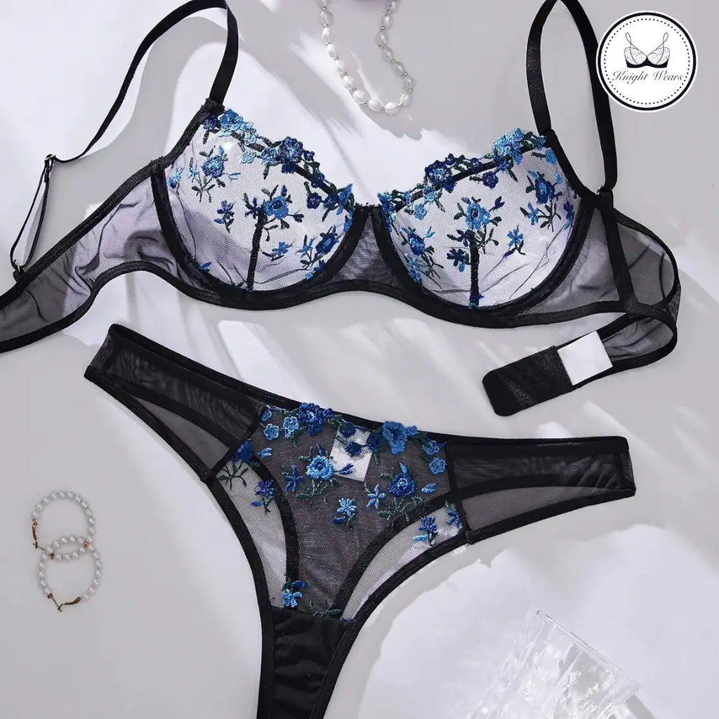 Floral mesh pushup bra panty set (Pack of 3)