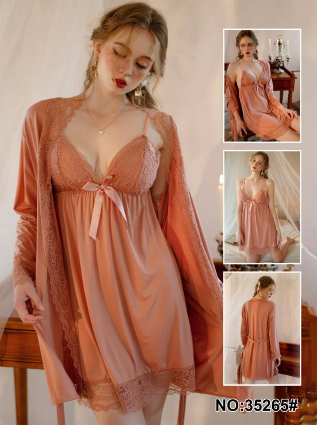 Two Piece Cute Front Bow Nighty