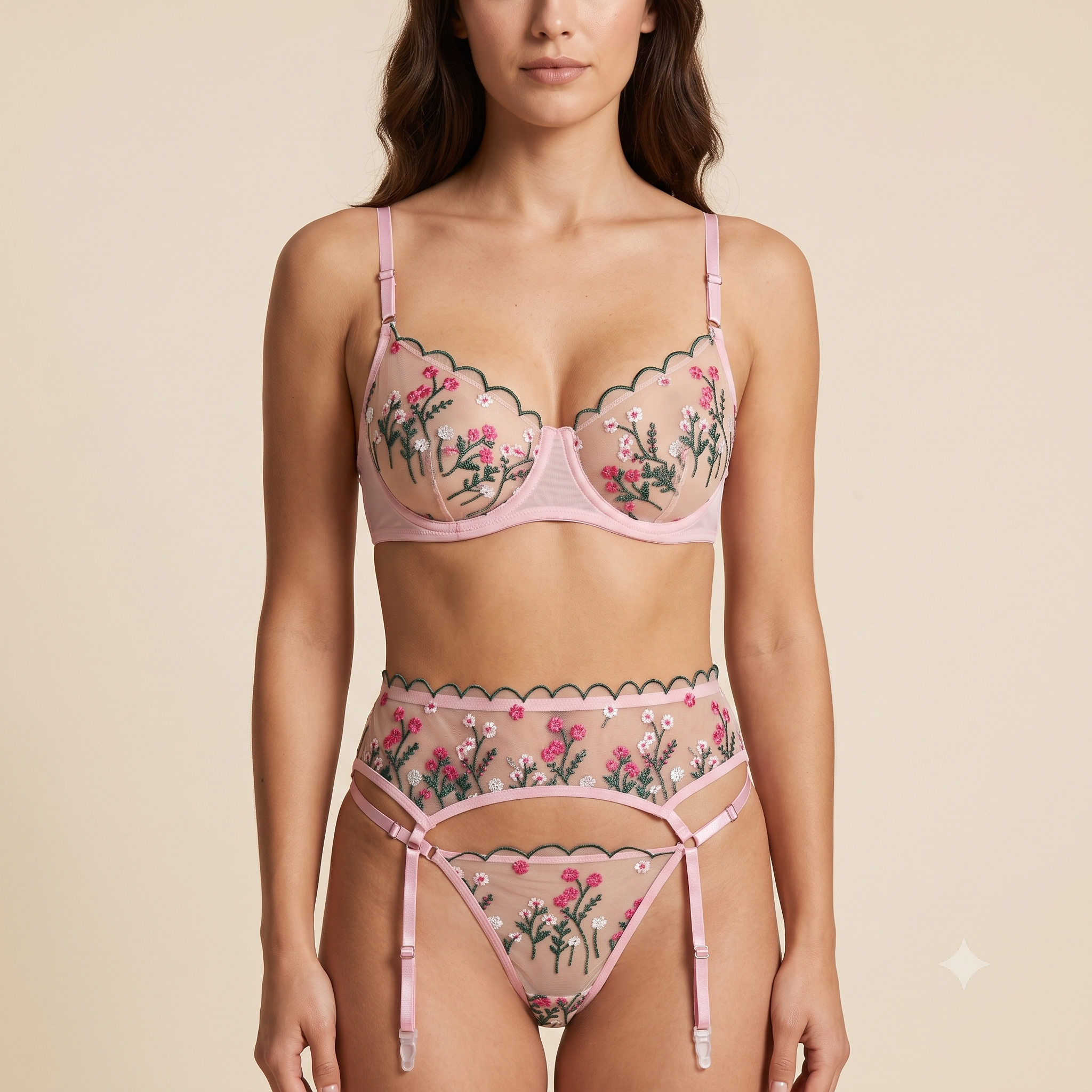 Floral Net Embroidered 4 piece Garter Set