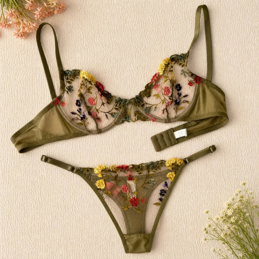 Floral mesh pushup bra panty set (Pack of 3)