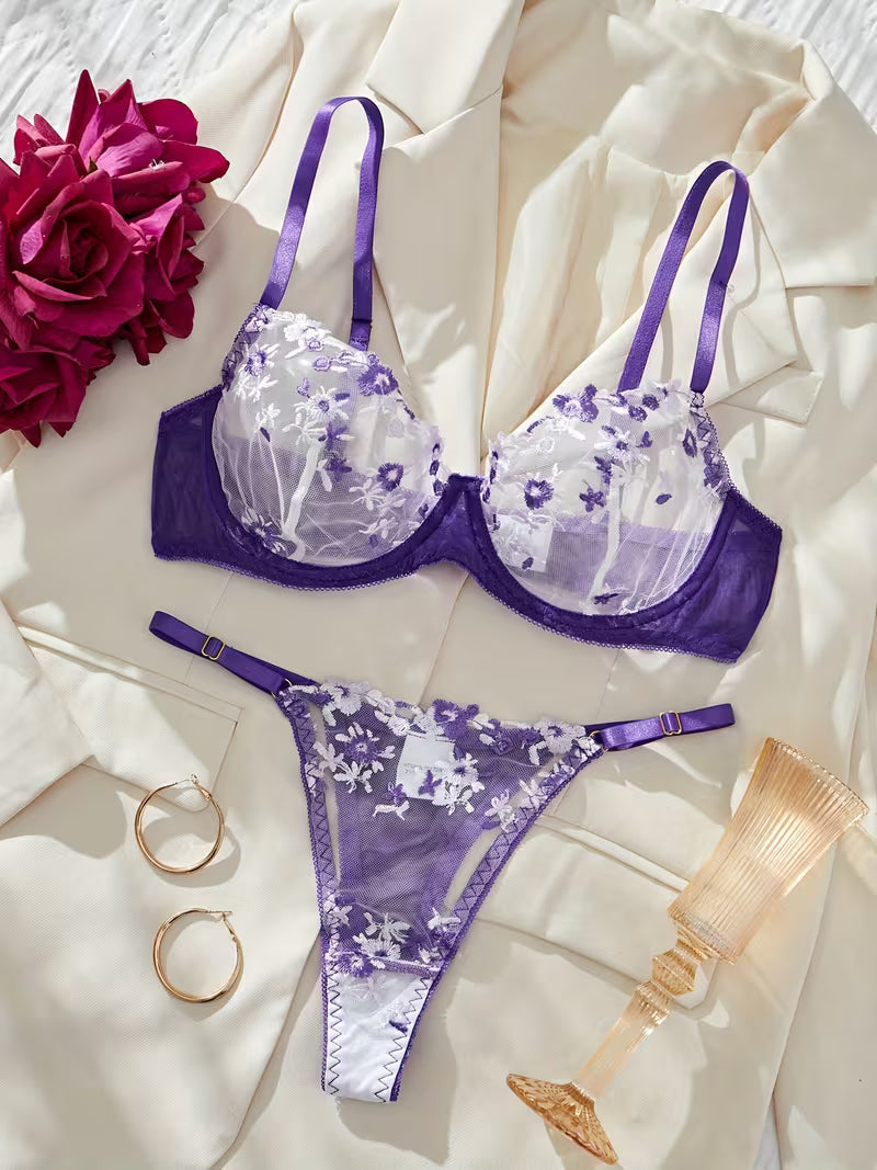 Floral mesh pushup bra panty set (Pack of 3)