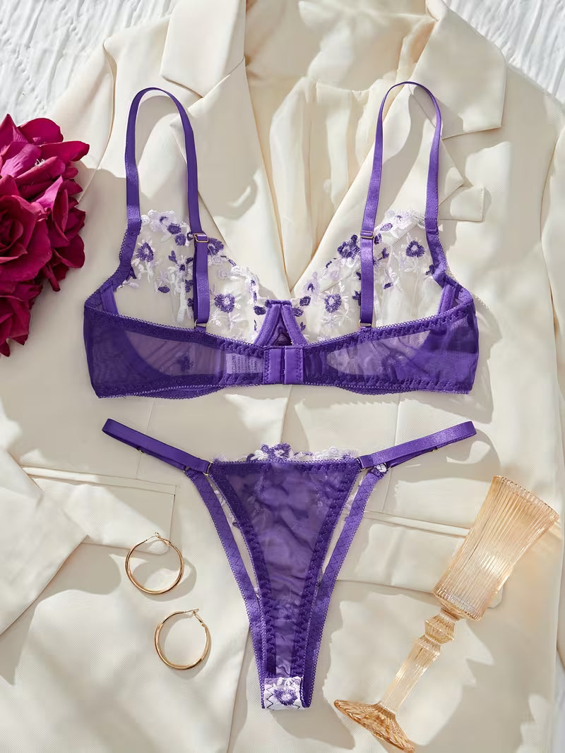 Floral mesh pushup bra panty set (Pack of 3)
