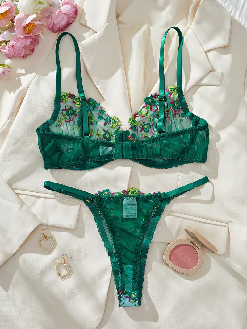 Floral mesh pushup bra panty set (Pack of 3)