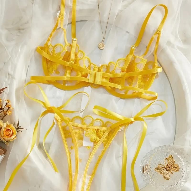 Floral mesh pushup bra panty set (Pack of 3)